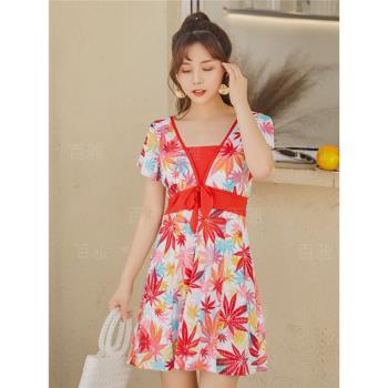 胖mm泳衣女大碼連體印花遮肚顯瘦性感泳裝泡溫泉ins風寬松游泳衣