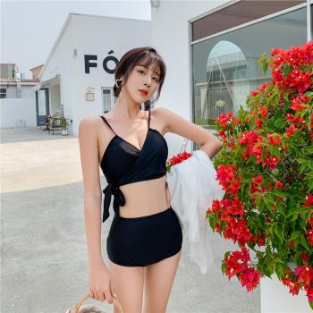 夏季新款女裝純色比基尼分體仙女範高腰遮肚顯瘦小胸聚攏溫泉泳衣