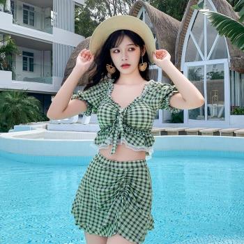 韓版精品ins泳裝女泡溫泉格子保守遮肚顯瘦裙式兩件套分體游泳衣