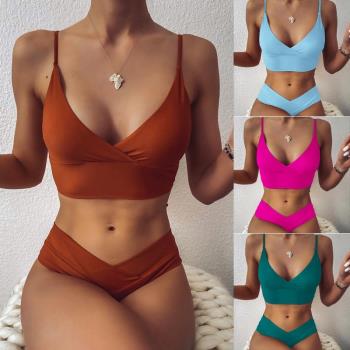 歐美性感純色V領高腰比基尼辣妹分體泳衣v領交叉泳裝度假swimsuit