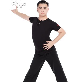 新朵拉丁舞服上衣男士夏季新款短袖國標舞摩登舞服交誼舞練功服裝