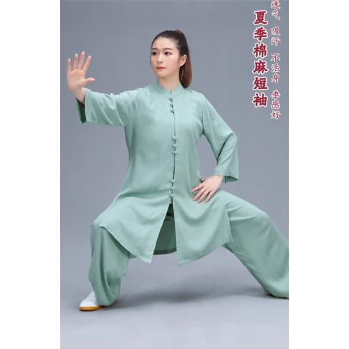 新款棉麻短袖太極服女中國風男太極拳練功服春夏服武術表演服套裝