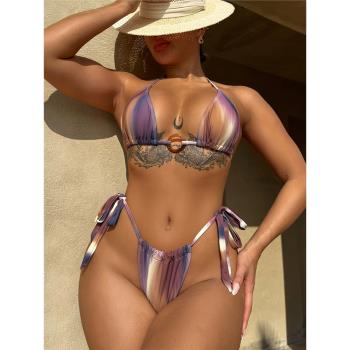 2024新歐美女士分體泳衣漸變圓環系帶性感泳裝辣妹溫泉三角bikini