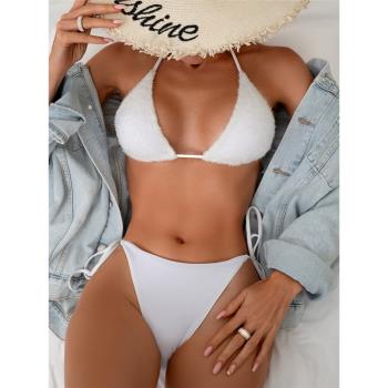 2024新款歐美女士分體泳衣純色毛絨綁帶性感辣妹溫泉三角bikini