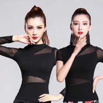 拉丁舞成人女新款性感網紗舞蹈服國際交誼舞圓領上衣中袖摩登服裝