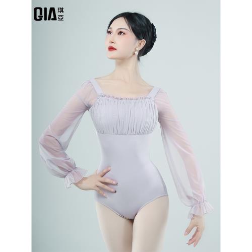 琪亞芭蕾舞練功服女春秋長袖舞蹈服成人形體服網紗拼接連體體操服