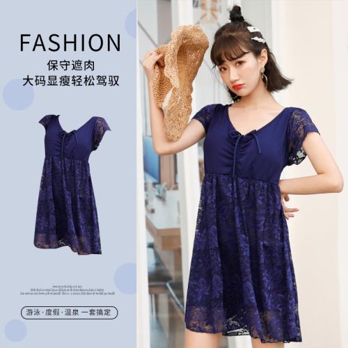 泡溫泉泳衣女大碼連體保守大胸加肥胖mm遮肚顯瘦裙式中年媽媽泳裝