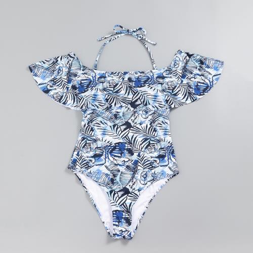 外單歐美花色女士連體泳衣復古荷葉邊游泳衣性感樹葉款成人泳裝夏