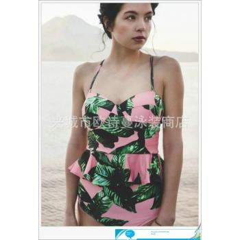 女式廠家直銷新款分體樹葉硬包比基尼泳裝鋼託聚攏時尚高腰女泳衣