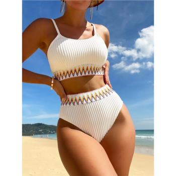 歐美新款泳衣保守高腰分體小胸比基尼帶胸墊高階感ins拍照bikini