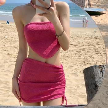 泳衣女2024新款爆款高階感顯白粉色分體比基尼性感小胸泡溫泉泳裝