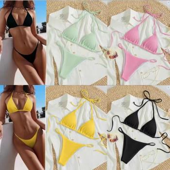 歐美新款泳衣女簡約純色三角比基尼性感小胸綁帶三點式沙灘bikini