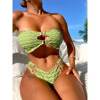 2023歐美INS性感純色抹胸鏤空分體比基尼沙灘辣妹美黑溫泉bikini