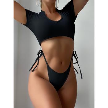 2023歐美女純色性感比基尼泳衣辣妹溫泉運動短袖bikini泳裝