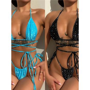 2023歐美新bikini亮點布料三角包抽繩泳衣辣妹海邊沙灘系帶比基尼