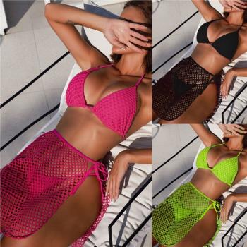 2023女士新網格鏤空布料三件套比基尼辣妹海邊沙灘三角系帶bikini