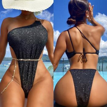 2023新款連體泳衣性感比基尼歐美女露背純色高叉溫泉一體式bikini