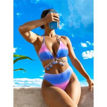 ins性感綁帶漸變印花分體泳衣水晶鉆石貝殼女溫泉三角系帶bikini