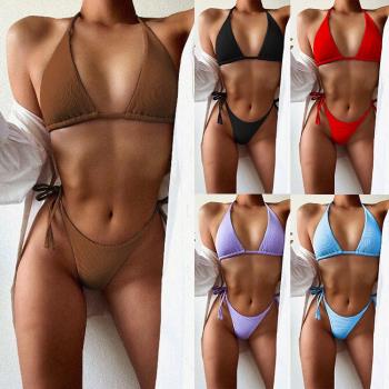 2021歐美純色比基尼女士分體泳裝三角沙灘性感度假溫泉系帶bikini