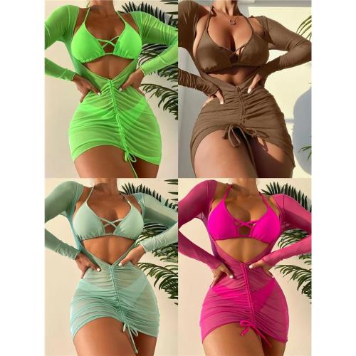 透視網紗罩裙三件套溫泉游泳裝純色比基尼性感bikini歐美分體泳衣