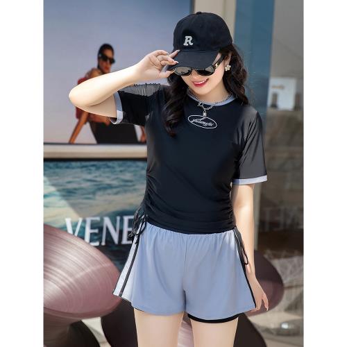 大碼泳衣女胖mm遮肚顯瘦保守裙式平角褲分體小胸學生運動游泳館專