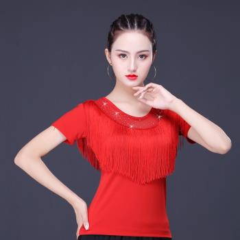 拉丁舞服裝女成人新款廣場舞圓領短袖修身流蘇舞蹈服裝練功服上衣