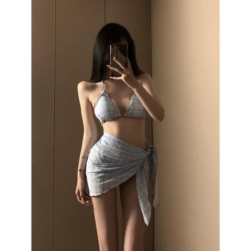 新款純欲女仆風比基尼泳衣女格子分體三件套性感辣妹高級感小胸夏
