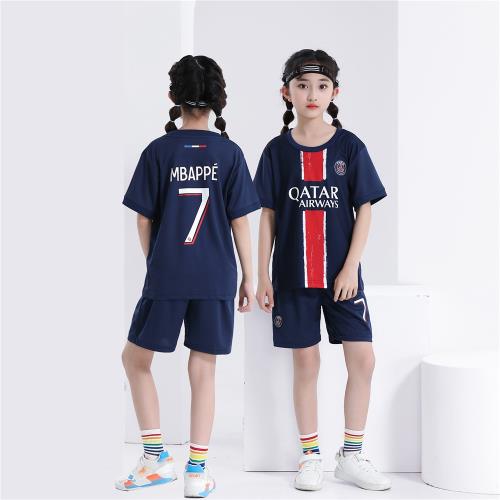 2425巴L兒童足球服套裝7號姆巴佩V領球衣俱樂部藍色主場兩件套