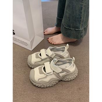 賈不假休閑鞋女款2025春秋季新款百搭魔術貼輕便透氣厚底運動涼鞋