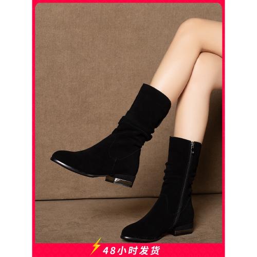中筒靴子女粗跟短靴真皮加絨秋冬2025新款馬丁皮靴子低跟百搭韓版
