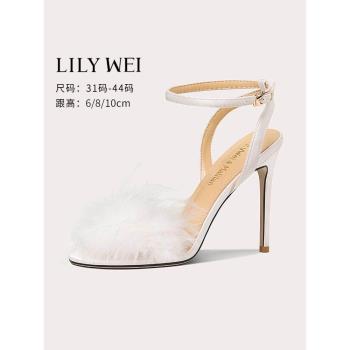 Lily Wei【甜心芭蕾】一字帶白色羽毛高跟鞋細跟涼鞋小碼女夏百搭