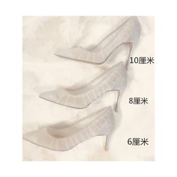 細跟高跟鞋女性感尖頭2024春秋款銀色真皮伴娘鞋網紗蕾絲婚鞋單鞋