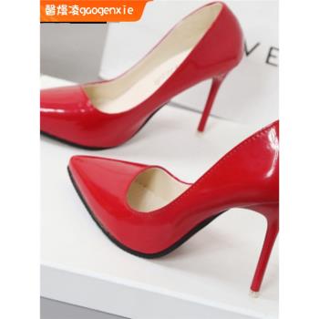 歐洲站10cm裸色大碼漆皮高跟鞋