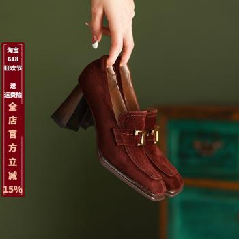 防滑耐磨高跟鞋女2024春秋新款法式復古磨砂皮方頭金屬扣歐美單鞋