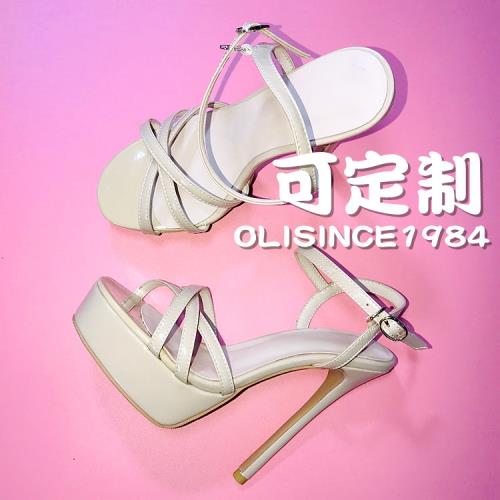 14CM裸色涼鞋多帶網紅時尚高跟鞋細跟時裝鞋一字扣小碼設計感小眾