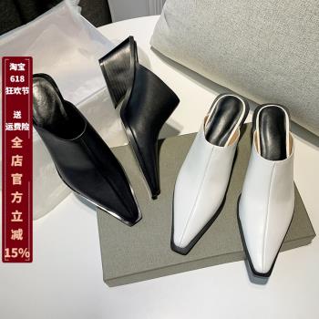 懶人歐美小方頭坡跟時尚半拖鞋
