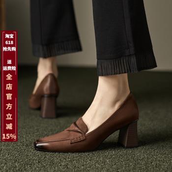 法式復古小方頭樂福鞋女春季新款擦色裡外全皮單鞋百搭舒適小皮鞋