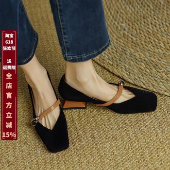 方頭一字帶瑪麗珍鞋女春秋款方跟淺口單鞋法式復古氣質淑女低跟鞋