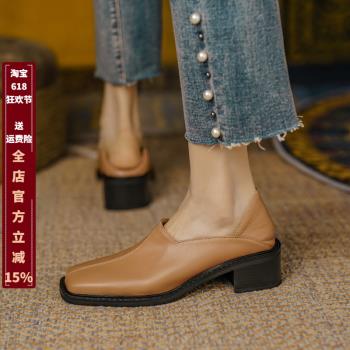 法式復古樂福鞋女真皮粗跟中跟深口單鞋英倫風方頭休閑百搭小皮鞋