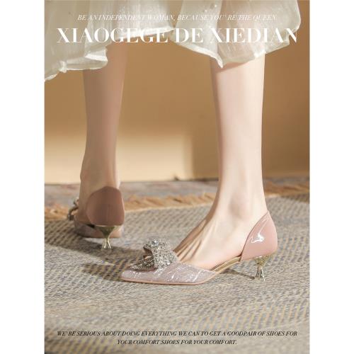 香檳色婚鞋女3cm低跟新娘鞋淺口法式尖頭高跟鞋一字扣帶細跟涼鞋