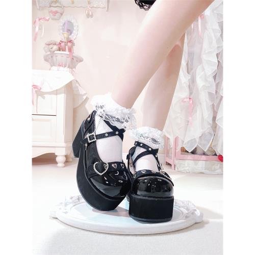 轉校生 限定偶像 原創淺口厚底鞋松糕底單鞋日系圓頭綁帶鞋