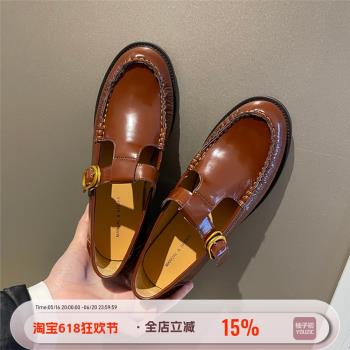 樂福鞋真皮復古中跟鞋子