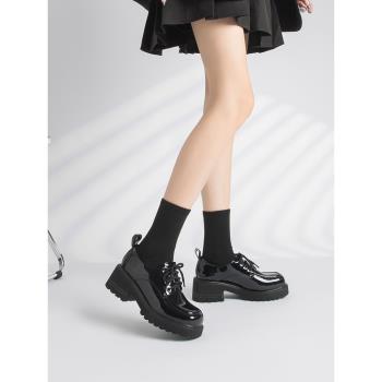 真皮高跟厚底增高樂福鞋女秋冬加絨新款英倫風粗跟單鞋系帶小皮鞋