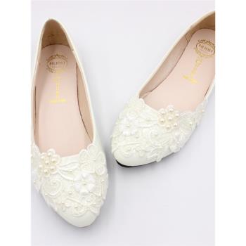 白色珍珠拍照禮服手工婚鞋蕾絲