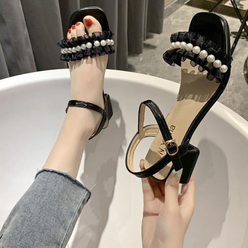 真皮涼鞋女2022夏新款粗跟韓版百搭一字帶仙女風高跟涼鞋