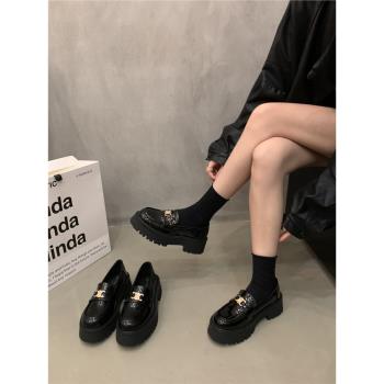 英倫單鞋時尚復古松糕厚底黑色樂福鞋秋冬季一腳蹬女鞋百搭小皮鞋