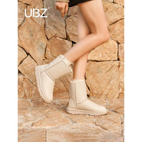 UBZ 防水皮面雪地靴女中筒靴子冬2026年新款加絨真皮加厚保暖棉鞋