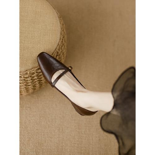 復古風真皮瑪麗珍鞋女平底高極感棕色軟底淺口女鞋子通勤低跟單鞋