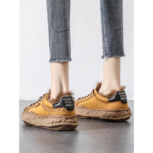 真皮兔毛板鞋女2024冬季新款歐洲站外穿毛毛鞋厚底運動休閑溶解鞋