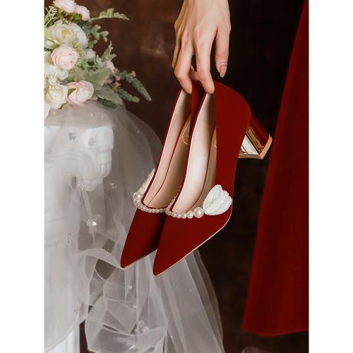 法式粗跟婚鞋孕婦新娘鞋女禾秀主婚紗兩穿不累腳尖頭酒紅色高跟鞋